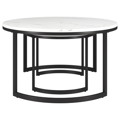 Ensemble de deux tables basses rondes gigognes en faux marbre blanc et noir et en acier de 36 po