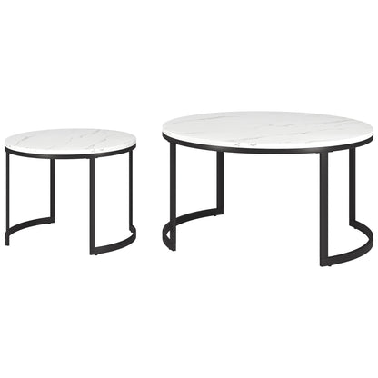 Ensemble de deux tables basses rondes gigognes en faux marbre blanc et noir et en acier de 36 po