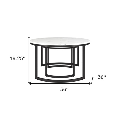 Ensemble de deux tables basses rondes gigognes en faux marbre blanc et noir et en acier de 36 po