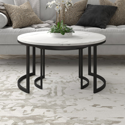 Ensemble de deux tables basses rondes gigognes en faux marbre blanc et noir et en acier de 36 po