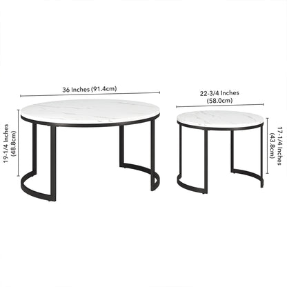 Ensemble de deux tables basses rondes gigognes en faux marbre blanc et noir et en acier de 36 po