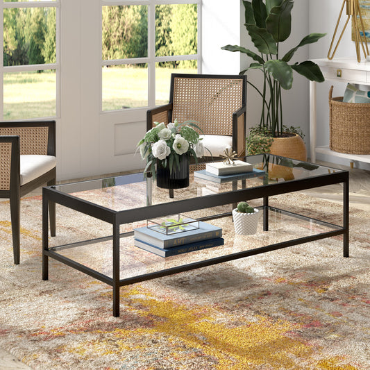 Table basse en verre et acier transparent et noir de 54 po avec étagère