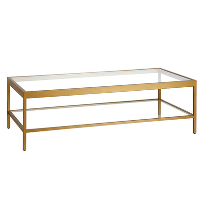 Table basse en verre et acier transparent et doré de 54 po avec étagère