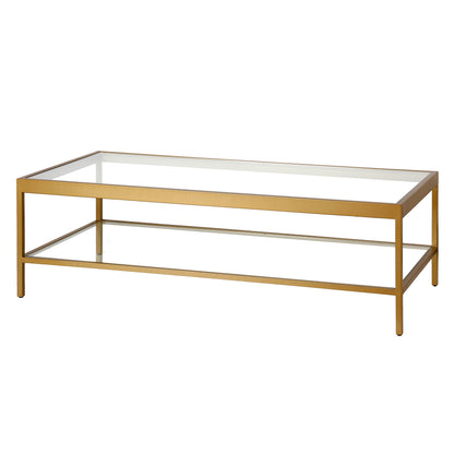 Table basse en verre et acier transparent et doré de 54 po avec étagère