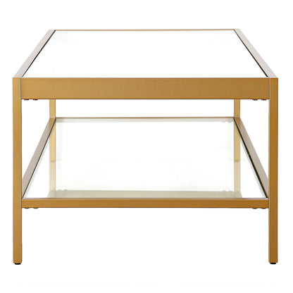 Table basse en verre et acier transparent et doré de 54 po avec étagère