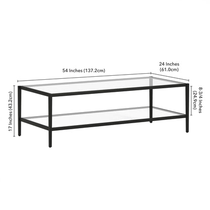 Table basse en verre noir et acier de 54 po avec étagère