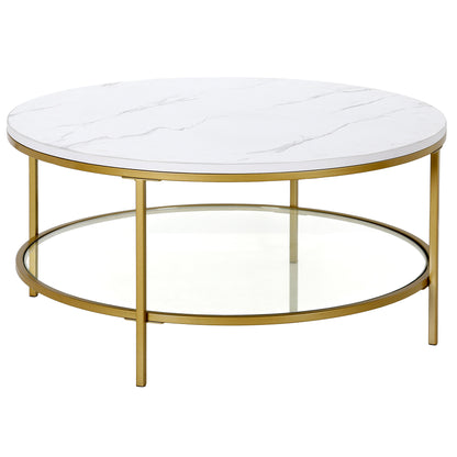 Table basse ronde en faux marbre doré et acier de 36 po avec étagère