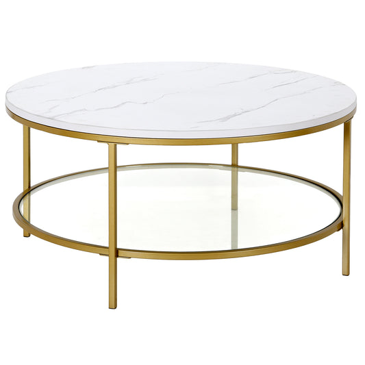 Table basse ronde en faux marbre doré et acier de 36 po avec étagère