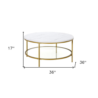 Table basse ronde en faux marbre doré et acier de 36 po avec étagère