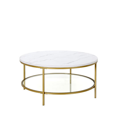 Table basse ronde en faux marbre doré et acier de 36 po avec étagère