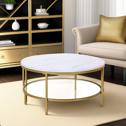 Table basse ronde en faux marbre doré et acier de 36 po avec étagère