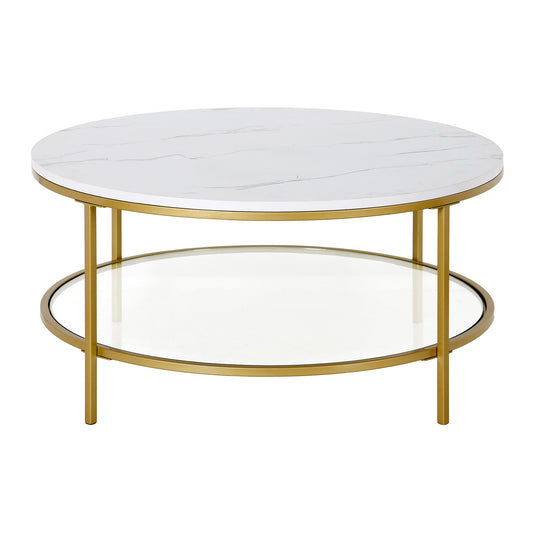 Table basse ronde en faux marbre doré et acier de 36 po avec étagère