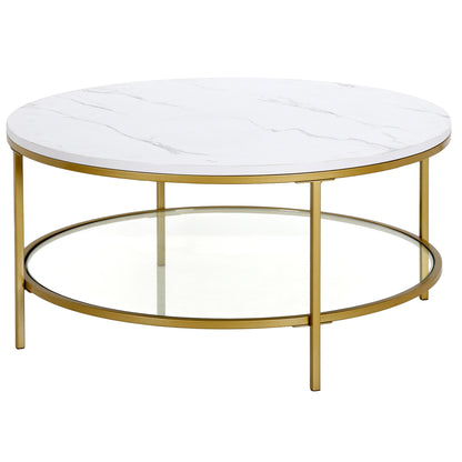 Table basse ronde en faux marbre doré et acier de 36 po avec étagère