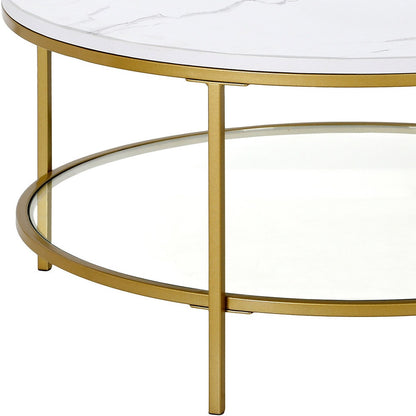 Table basse ronde en faux marbre doré et acier de 36 po avec étagère