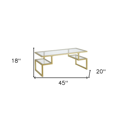 Table basse en verre doré et acier de 45 po avec deux étagères