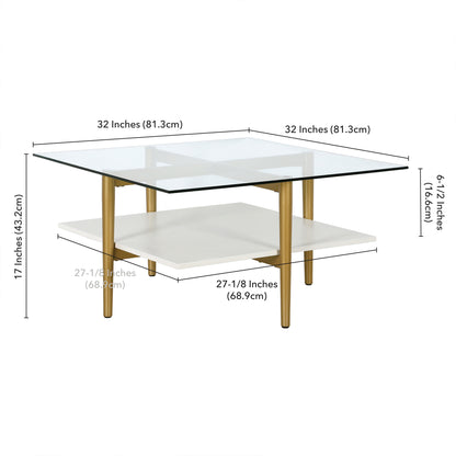 Table basse carrée en verre et acier blanc et doré de 32 po avec étagère