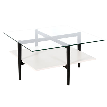 Table basse carrée en verre et acier blanc et noir de 32 po avec étagère