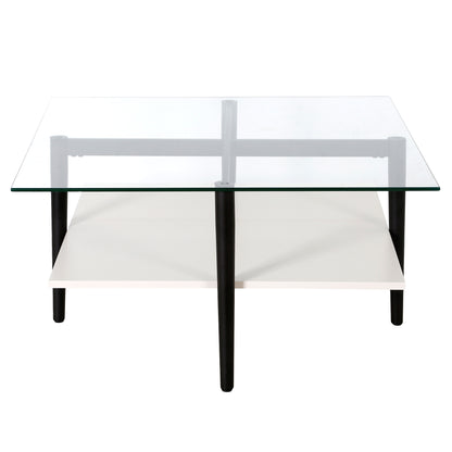 Table basse carrée en verre et acier blanc et noir de 32 po avec étagère