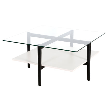 Table basse carrée en verre et acier blanc et noir de 32 po avec étagère