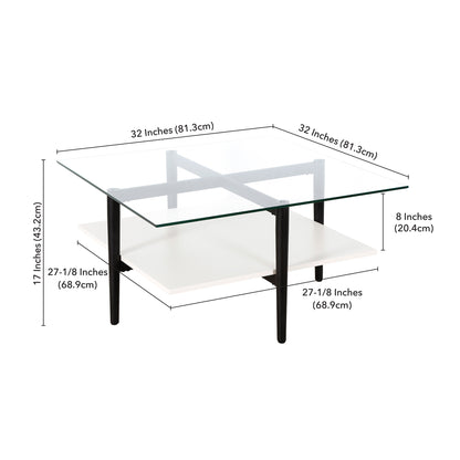 Table basse carrée en verre et acier blanc et noir de 32 po avec étagère