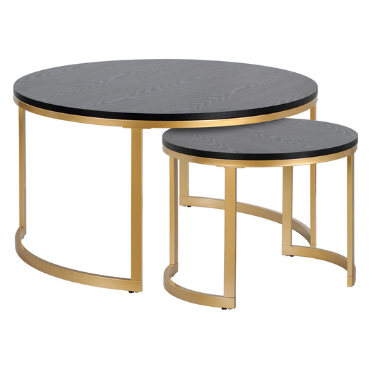 Ensemble de deux tables basses rondes gigognes en acier noir et doré de 36 po