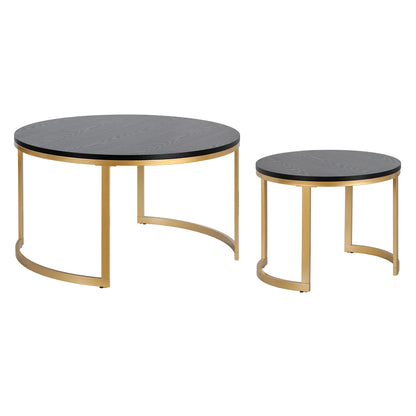 Ensemble de deux tables basses rondes gigognes en acier noir et doré de 36 po