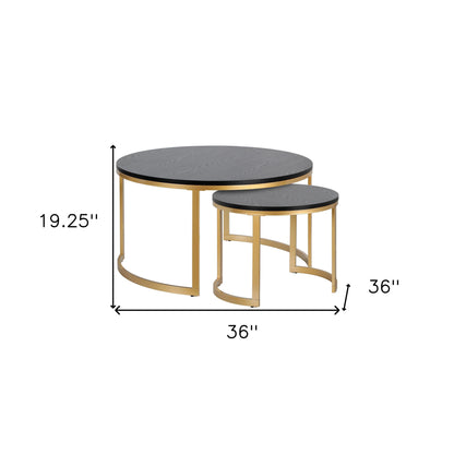 Ensemble de deux tables basses rondes gigognes en acier noir et doré de 36 po