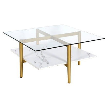 Table basse carrée en verre et acier blanc et doré de 32 po avec étagère