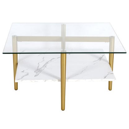 Table basse carrée en verre et acier blanc et doré de 32 po avec étagère