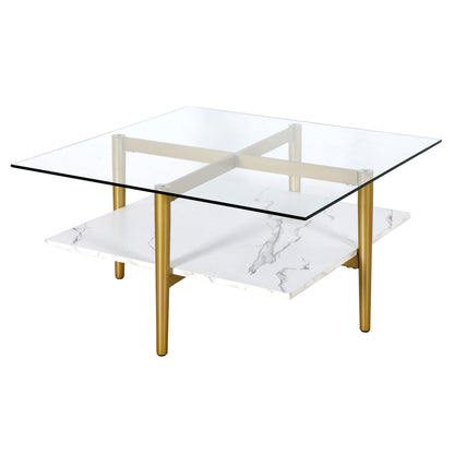 Table basse carrée en verre et acier blanc et doré de 32 po avec étagère