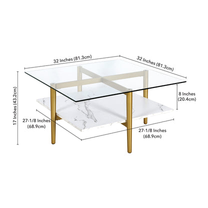 Table basse carrée en verre et acier blanc et doré de 32 po avec étagère