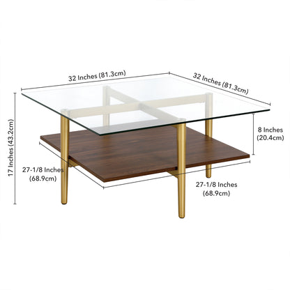 Table basse carrée en verre et acier marron et doré de 32 po avec étagère