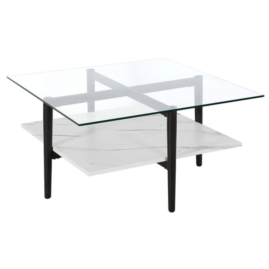 Table basse carrée en verre et acier blanc et noir de 32 po avec étagère