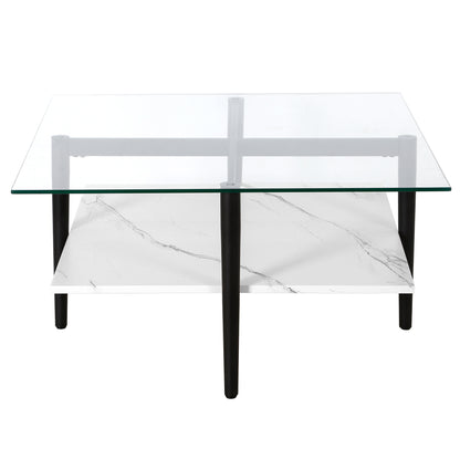 Table basse carrée en verre et acier blanc et noir de 32 po avec étagère