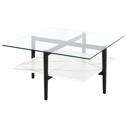 Table basse carrée en verre et acier blanc et noir de 32 po avec étagère