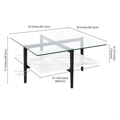 Table basse carrée en verre et acier blanc et noir de 32 po avec étagère