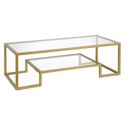 Table basse en verre et acier transparent et doré de 54 po avec étagère