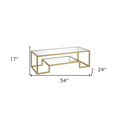 Table basse en verre et acier transparent et doré de 54 po avec étagère