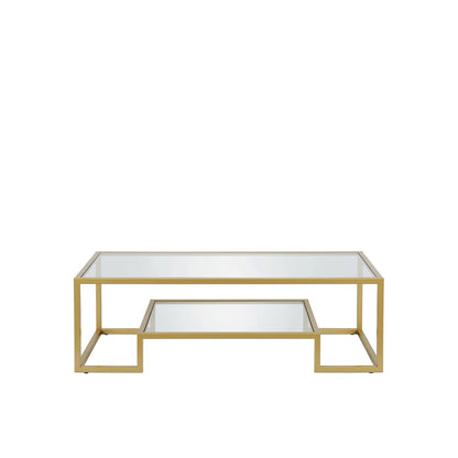 Table basse en verre et acier transparent et doré de 54 po avec étagère