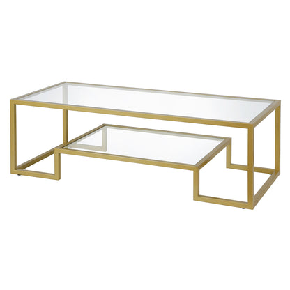 Table basse en verre et acier transparent et doré de 54 po avec étagère