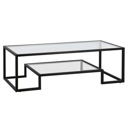 Table basse en verre noir et acier de 54 po avec étagère