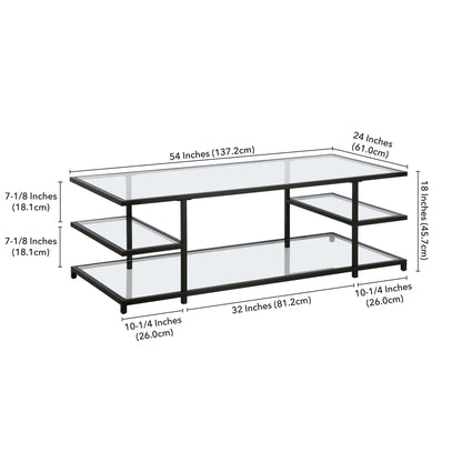 Table basse en verre noir et acier de 54 po avec trois étagères