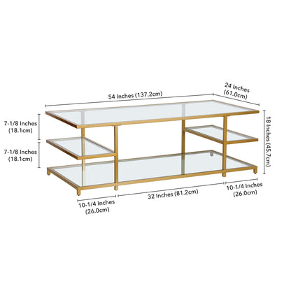 Table basse en verre doré et acier de 54 po avec trois étagères