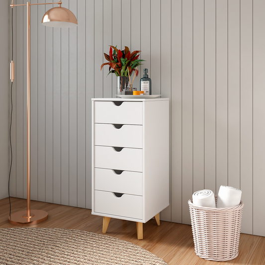 Commode à lingerie à cinq tiroirs en bois massif blanc de 16 po