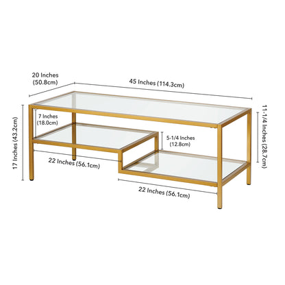 Table basse en verre doré et acier de 45 po avec deux étagères