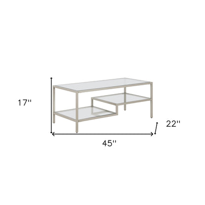 Table basse en verre argenté et acier de 45 po avec deux étagères