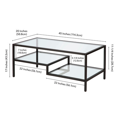 Table basse en verre noir et acier de 45 po avec deux étagères