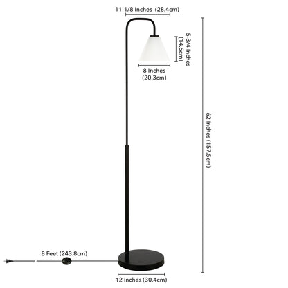 62" Black Arched Floor Lamp With White Frosted Glass Cone Shade