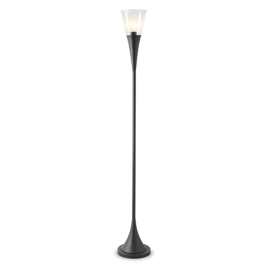 71" Black Torchiere Floor Lamp With Clear Seeded Glass Cone Shade