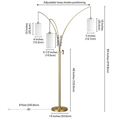 83" Brass Three Light Tree Floor Lamp With White Frosted Glass Drum Shade